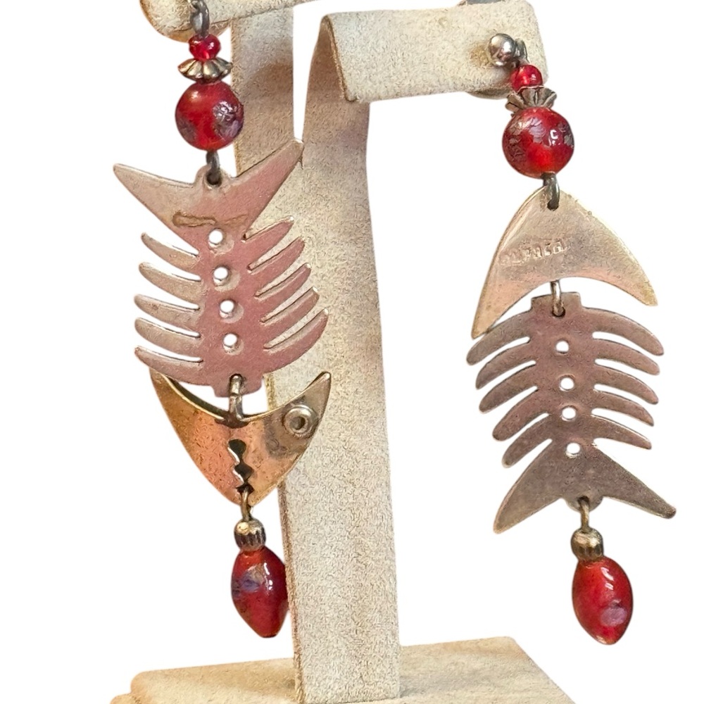 Vintage Alpaca Mexico Lampwork Fishbone Earrings Red Beads
